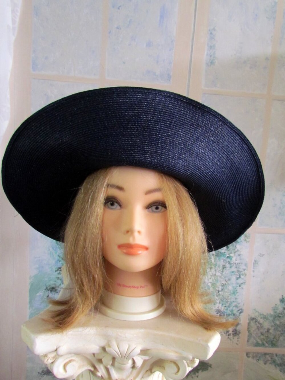 NAVY BLUE ROMANTIC HAT, 50s-60s, WIDE BRIM, S-M, VINTAGE EVELYN VARON, FRENCH